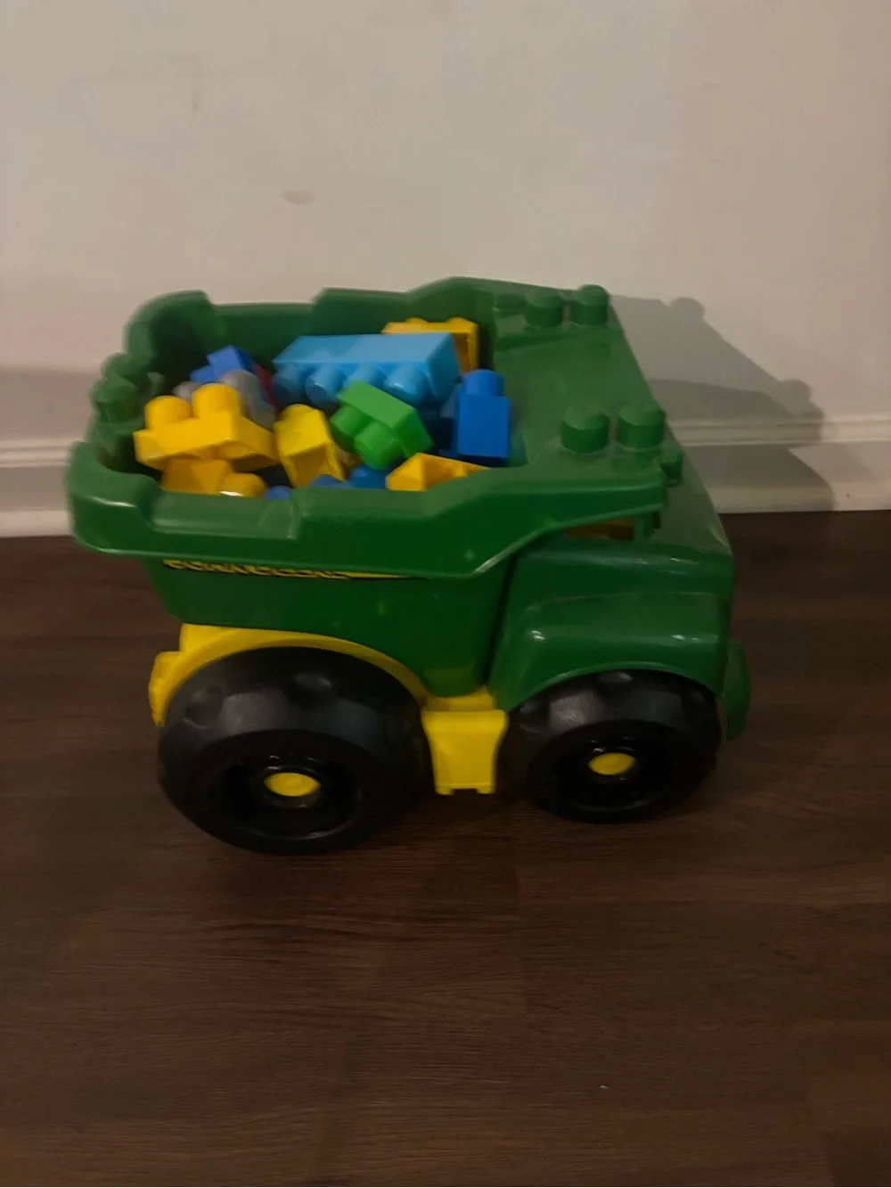 John Deere Green Dump Truck Toy with Blue, Yellow, Red Blocks